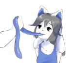  anthro breasts canid canine clothed clothing disembodied_hand duo felid feline hair hyper hyper_tongue mammal simple_background solo_focus tem temmie_(undertale) tongue undertale video_games white_body 