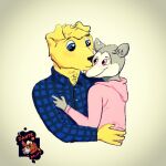  1:1 4_fingers anthro bird_dog canid canine canis clothed clothing cringer_opossum_(character) cuddling dante_mutt(artist) didelphid domestic_dog duo fingers floppy_ears hug hunting_dog kissing krieger(character) labrador male male/male mammal marsupial retriever side_kiss smile watermark 