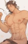  1boy abs animal_ears arknights blush body_hair brown_eyes brown_hair completely_nude cow_boy cow_ears cow_horns cow_tail earrings highres horns jewelry ketanbakar lactation lying male_focus male_lactation male_pubic_hair matterhorn_(arknights) medium_hair milking_machine muscular muscular_male navel nipples nude on_bed on_side pectorals pubic_hair solo tail 