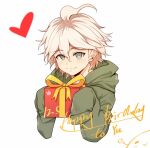  1boy bangs blush box closed_mouth cropped_torso danganronpa_(series) danganronpa_2:_goodbye_despair dated gift green_jacket grey_eyes hands_up happy_birthday heart holding holding_gift hood hood_down hooded_jacket hoodie jacket komaeda_nagito long_sleeves looking_at_viewer male_focus meipoi messy_hair simple_background sleeves_past_fingers sleeves_past_wrists smile solo upper_body white_background 