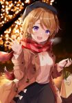  1girl :d bag bangs beige_coat beret black_headwear black_skirt blurry blurry_background blush bow bow_earrings breasts breath coat depe earrings gift gift_bag green_bow hair_ornament hat heart highres holding holding_bag jewelry koizumi_hanayo light_brown_hair light_particles long_sleeves looking_at_viewer love_live! love_live!_sunshine!! medium_breasts night open_clothes open_coat open_mouth outdoors pink_shirt plaid plaid_scarf purple_eyes red_scarf scarf shirt short_hair skirt smile solo upper_body upper_teeth waving white_bow x_hair_ornament 
