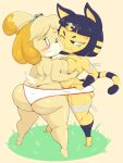  2019 angry animal_crossing ankha_(animal_crossing) anthro big_butt blonde_hair blue_hair blush bodily_fluids breast_squish breasts breasts_frottage butt canid canine canis clenched_teeth clothed clothing cross-popping_vein domestic_cat domestic_dog duo egyptian empty_eyes felid feline felis female hair hi_res isabelle_(animal_crossing) mammal nervous nintendo no_pupils one_eye_closed panties purple_yoshi_draws shared_clothing shih_tzu short_hair short_stack squish striped_tail stripes sweat teeth topless toy_dog underwear vein video_games wraps 