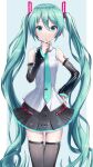  1girl absurdres aqua_eyes aqua_hair aqua_neckwear bare_shoulders black_legwear black_skirt black_sleeves closed_mouth clothes_writing commentary cowboy_shot detached_sleeves english_commentary glowing hair_ornament hand_on_hip hand_on_own_chin hatsune_miku hatsune_miku_(vocaloid4) headphones headset highres itogari long_hair looking_at_viewer miniskirt necktie pleated_skirt see-through_legwear see-through_sleeves shirt shoulder_tattoo skindentation skinny skirt sleeveless sleeveless_shirt solo tattoo thighhighs thinking twintails v4x very_long_hair vocaloid white_shirt zettai_ryouiki 