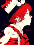  1boy 3kuma bandaid bandaid_on_nose black_background coat commentary fangs from_side fukase half-closed_eyes hat highres male_focus o3o on_shoulder paw_print point_(vocaloid) profile red_eyes red_hair red_neckwear signature upper_body vocaloid whiskers white_coat 
