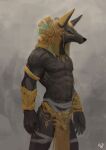  2017 abs ankh anthro anubian_jackal anubis armor athletic biceps black_body black_fur black_nose bottomwear canid canine canis claws clothing deity egyptian egyptian_clothing egyptian_mythology fur hi_res jackal jewelry loincloth male mammal middle_eastern_mythology muscular muscular_anthro muscular_male mythology neungsonie nipples obliques pecs red_eyes signature solo standing triceps 