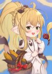  1girl :d ahoge bangs basket blonde_hair blue_background blush bow braid brown_bow commentary_request corn dress eyebrows_visible_through_hair granblue_fantasy green_eyes hair_between_eyes hair_bow hair_intakes hand_up harvin high_ponytail highres long_hair long_sleeves looking_at_viewer melissabelle open_mouth pointy_ears ponytail prehensile_hair puffy_long_sleeves puffy_sleeves sidelocks simple_background smile solo uneg very_long_hair white_dress 