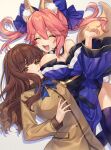  2girls animal_ear_fluff animal_ears bare_shoulders blue_kimono blue_legwear blue_ribbon blush breasts brown_eyes brown_hair closed_eyes detached_sleeves eyebrows_visible_through_hair fate/extra fate_(series) fox_ears fox_girl fox_tail hair_ribbon highres japanese_clothes karokuchitose kimono kishinami_hakuno_(female) large_breasts multiple_girls open_mouth pink_hair ribbon school_uniform sweat tail tamamo_(fate)_(all) tamamo_no_mae_(fate) tsukumihara_academy_uniform_(fate/extra) yellow_eyes 