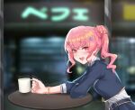  1girl anemachi artist_name befe belt blue_jacket blurry blush bracelet breasts cafe city cropped_jacket cup depth_of_field english_commentary engrish_commentary hair_ornament highres holding holding_cup hololive indoors jacket jewelry leaning_forward long_hair looking_at_viewer medium_breasts mug night open_mouth pink_hair red_eyes reflection ringlets side_ponytail sidelocks smile solo star_(symbol) star_hair_ornament storefront table wavy_hair window 