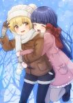  2girls absurdres black_footwear blonde_hair blue_hair boots brown_jacket closed_eyes coat dark_blue_hair eyebrows_visible_through_hair fang frilled_coat frills furude_rika hat highres higurashi_no_naku_koro_ni hime_cut houjou_satoko hug hug_from_behind jacket knit_hat leg_lift long_sleeves mittens multiple_girls murara open_mouth orange_eyes pink_coat pink_mittens pocket red_scarf scarf shorts smile visible_air white_headwear white_scarf winter_clothes winter_coat 