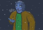  2007 anthro black_nose blue_body blue_fur canid canine clothing fur humanoid_hands kemono male mammal night outside shirt snow snowing solo topwear unknown_artist 