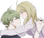  1boy 1girl ahoge akamatsu_kaede amami_rantarou arms_around_neck backpack bag bangs blonde_hair blush breasts danganronpa_(series) danganronpa_v3:_killing_harmony ear_piercing earrings eye_contact from_side gatobau green_eyes green_hair grey_background hair_ornament hairclip hand_up hands_up hetero highres jewelry long_hair long_sleeves looking_at_another medium_breasts musical_note_hair_ornament parted_lips piercing pink_eyes pink_sweater_vest profile randoseru ring shiny shiny_hair shirt short_hair simple_background smile striped striped_shirt sweatdrop sweater_vest thumb_ring white_shirt 