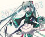  1girl 2020 black_coat black_gloves blue_bow blue_eyes blue_hair blue_neckwear blurry blurry_background bow bowtie coat cowboy_shot cyawa dated depth_of_field earrings floating_earring gloves half_gloves hatsune_miku headgear jewelry long_hair long_sleeves looking_at_viewer microphone multicolored multicolored_clothes multicolored_gloves outstretched_arms pantyhose parted_lips solo spread_arms standing very_long_hair vocaloid white_legwear 