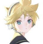  1boy aqua_eyes black_collar blonde_hair bloom collar commentary headphones headset highres kagamine_len looking_at_viewer male_focus naoko_(naonocoto) parted_lips portrait sailor_collar short_ponytail sidelighting solo spiked_hair vocaloid white_background 