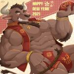  1boy 2021 abs animal_ears bara bare_arms bare_pecs blush bracelet brown_fur brown_hair bulge chest_hair chinese_clothes chinese_zodiac cow_ears cow_horns cow_tail cowboy_shot dutch_angle facial_hair fundoshi furry goatee happy_new_year holding horns japanese_clothes jewelry loincloth looking_at_viewer male_focus minotaur mohawk money muscular muscular_male naru_evernett navel navel_hair new_year nipples one_eye_closed original pectorals red_male_underwear red_shirt shirt short_hair sleeveless sleeveless_shirt smile solo stomach tail thick_eyebrows thick_thighs thighs year_of_the_ox 