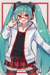  1girl akikan_sabago aqua_hair belt black_shirt commentary cowboy_shot glasses hand_up hatsune_miku headphones highres hood hoodie jewelry long_hair miniskirt natural_(module) necklace open_mouth plaid plaid_skirt pleated_skirt project_diva_(series) red-framed_eyewear red_eyes red_legwear red_skirt semi-rimless_eyewear shirt skirt smile solo thighhighs twintails very_long_hair vocaloid white_hoodie 