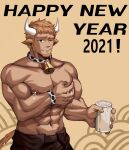  1boy 2021 abs absurdres animal_ears animal_print bara beard bell bell_collar chinese_zodiac collar cow_boy cow_ears cow_horns cow_print cowboy_shot facial_hair grabbing happy_new_year highres horns lactation light_brown_hair male_focus male_lactation milk muscular muscular_male navel new_year nipples one_eye_closed original pectoral_grab pectorals self_fondle shirtless short_hair smile solo year_of_the_ox yeon_(leyonkim) 