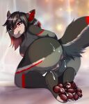  anthro anus black_body black_fur black_hair bodily_fluids breasts butt canid canine canis cum cum_drip cum_in_ass cum_in_pussy cum_inside cum_on_feet dripping female fraya.diblidu fur genital_fluids genitals grey_body grey_fur hair hi_res looking_at_viewer looking_back mammal markings nipples paws payne_kingstone pussy pussy_juice raised_tail red_eyes red_hair red_markings smile solo white_markings wolf 