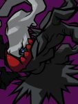  blue_eyes bright_pupils darkrai gen_4_pokemon highres mythical_pokemon no_humans omoti_sakamoto pokemon pokemon_(creature) purple_background simple_background solo thick_outlines 