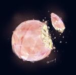  artist_name black_background cocon_(cocon_q) commentary_request food food_focus fruit highres light_particles no_humans original peach pink_theme shattered signature simple_background still_life twitter_username water_drop 