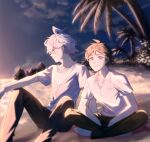  2boys ahoge bangs barefoot beach black_pants blurry breast_pocket brown_eyes brown_hair brown_pants closed_mouth collared_shirt commentary_request danganronpa_(series) danganronpa_2:_goodbye_despair day depth_of_field feet_out_of_frame hinata_hajime indian_style komaeda_nagito looking_at_viewer male_focus meipoi messy_hair multiple_boys on_ground outdoors palm_tree pants pocket print_shirt sand shiny shiny_hair shirt short_hair short_sleeves sitting smile striped striped_shirt tree white_shirt 