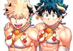  2boys abs alternate_costume animal_ears bakugou_katsuki bare_shoulders blonde_hair blush boku_no_hero_academia bra chinese_zodiac cleavage_cutout close-up clothing_cutout cow_boy cow_ears cow_horns crossdressing detached_sleeves face green_eyes green_hair happy_new_year highres horns male_focus midoriya_izuku multiple_boys new_year pectorals short_hair spiked_hair stomach toned toned_male tongue tongue_out underwear white_bra yazakc year_of_the_ox 