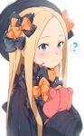  1girl ? abigail_williams_(fate/grand_order) arrow_(symbol) bangs black_bow black_dress black_headwear blonde_hair blue_eyes blush bow closed_mouth commentary_request dress fate/grand_order fate_(series) food food_on_face forehead gomennasai hair_bow hat highres long_hair long_sleeves looking_at_viewer object_hug orange_bow parted_bangs polka_dot polka_dot_bow simple_background sleeves_past_fingers sleeves_past_wrists solo spoken_question_mark stuffed_animal stuffed_toy teddy_bear very_long_hair white_background 