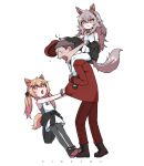  1boy 2girls animal_ear_fluff animal_ears bangs commander_(girls_frontline) fox_ears fox_tail girls_frontline highres kemonomimi_mode long_hair mogijabgo multiple_girls sidelocks tail twintails ump45_(girls_frontline) ump9_(girls_frontline) very_long_hair younger 