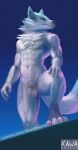  4_toes animal_genitalia anthro balls biped blue_body blue_eyes blue_fur brand_new_animal canid canine canis chest_tuft claws drakawa feet fur genitals hi_res male mammal nude paws sheath shirou_ogami solo studio_trigger text toes tuft url white_body white_fur wolf 