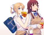  2girls armband bag bangs blonde_girl_(itou) blonde_hair blue_bow bow clothes_around_waist commentary_request cup drinking_straw eating eyebrows_visible_through_hair food french_fries hamburger highres itou_(onsoku_tassha) long_hair mcdonald&#039;s multiple_girls original radioactive red_eyes red_hair school_bag shirt short_ponytail sidelocks simple_background sweater sweater_around_waist sweater_vest white_background white_shirt 