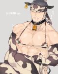  1boy abs animal_ears animal_print bara bare_pecs bare_shoulders beard bell bell_collar blush bra brown_hair chinese_zodiac close-up collar cow_boy cow_ears cow_horns cow_print crossdressing detached_sleeves face facial_hair grey_hair happy_new_year heiba_(3_suuqe) horns looking_away male_focus male_pubic_hair medium_hair muscular muscular_male mustache new_year nipple_slip nipples original pectorals print_bra print_headwear print_legwear pubic_hair solo stomach thick_thighs thighhighs thighs translation_request underwear upper_body year_of_the_ox 