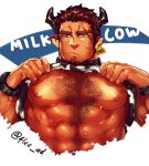  1boy abs animal_ears artist_name bara bare_pecs brown_hair chest_hair chinese_zodiac cow_boy cow_ears cow_horns cropped_torso dark_skin dark_skinned_male facial_hair flee_ad hairy happy_new_year horns lifted_by_self looking_at_viewer male_focus milk muscular muscular_male new_year nipples original pectoral_focus pectorals shirt_lift short_hair solo stomach stubble sweat sweatdrop year_of_the_ox yellow_eyes 