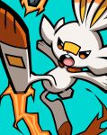  fire gen_8_pokemon green_background highres kicking no_humans omoti_sakamoto open_mouth orange_eyes pokemon pokemon_(creature) rock scorbunny simple_background solo starter_pokemon teeth thick_outlines tongue 