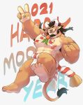  1boy 2021 abs absurdres animal_ears armpit_hair bara brown_hair bulge chinese_zodiac convenient_leg cow_ears cow_horns cow_tail dogoronumber3 facial_hair full_body fundoshi furry goatee happy_new_year highres horns japanese_clothes jumping loincloth male_focus medium_hair minotaur muscular muscular_male new_year nipples orange_fur original pectorals sideburns smile solo tail thick_thighs thighs underwear underwear_only v white_male_underwear year_of_the_ox 