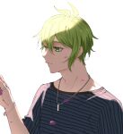  1boy amami_rantarou antenna_hair bangs bracelet closed_mouth commentary_request danganronpa_(series) danganronpa_v3:_killing_harmony facing_to_the_side green_eyes green_hair hair_between_eyes hand_up jewelry male_focus meipoi necklace petals ring shirt short_hair simple_background solo striped striped_shirt thumb_ring upper_body white_background 
