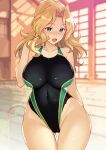  1girl :d ass_visible_through_thighs blonde_hair blush bodypaint breasts commentary_request cowboy_shot exhibitionism eyebrows_visible_through_hair fang girls_und_panzer green_eyes hair_intakes highres indoors kay_(girls_und_panzer) large_breasts looking_at_viewer medium_hair nakamura_yukitoshi naked_paint navel nipples open_mouth painted_clothes pool smile solo standing thighs water wavy_hair wide_hips window 