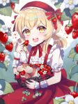  &gt;_&lt; 1girl :d ahoge arm_up artist_name bangs basket blonde_hair blush character_request commission copyright_request dress eating eneru_(enepuni) eyebrows_visible_through_hair flower food fruit hair_ribbon highres holding holding_food holding_fruit looking_at_viewer medium_hair open_mouth red_ribbon ribbon sidelocks skeb_commission smile strawberry twintails twitter_username upper_teeth virtual_youtuber 