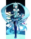  1girl :d absurdly_long_hair bare_shoulders blue_eyes blue_hair blue_legwear blue_nails blue_skirt blue_theme cyawa detached_sleeves fingernails full_body hand_on_own_chest hatsune_miku highres long_hair long_sleeves looking_at_viewer miniskirt nail_polish necktie open_mouth pleated_skirt skirt smile solo thighhighs twintails very_long_hair vocaloid zettai_ryouiki 