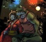  2006 abasirisippo anthro bottomwear canid canine canis clothing detailed_background domestic_dog female fireworks hug human humanoid_hands low_res male mammal night outside shirt shorts sitting topwear 