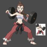 1girl :d bangs barbell barefoot black_sash breasts brown_hair chuck_(pokemon) clenched_hand collarbone eyelashes flowers-imh genderswap genderswap_(mtf) grey_background grey_eyes gym_leader holding looking_at_viewer navel open_mouth pants pokemon pokemon_(game) pokemon_hgss reference_photo_inset sarashi sash simple_background smile teeth toes tongue wrist_wrap 