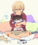  1boy amuro_tooru bandaid bandaid_on_arm bandaid_on_cheek bandaid_on_leg bangs blonde_hair blue_eyes broken brown_shorts character_doll child closed_mouth commentary_request crying crying_with_eyes_open doll_hug edogawa_conan frown hair_between_eyes hood hoodie indian_style k_(gear_labo) looking_at_viewer male_focus meitantei_conan no_shoes on_bed open_clothes open_hoodie pillow red_hoodie shirt short_hair shorts simple_background sitting sitting_on_bed socks solo speech_bubble spoken_sweatdrop stuffed_animal stuffed_toy sweatdrop tears teddy_bear toy_car v-shaped_eyebrows white_background white_legwear white_shirt younger 