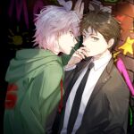  2boys ahoge arm_at_side arm_up bangs black_jacket black_neckwear brick_wall brown_eyes brown_hair cigarette cigarette_kiss commentary_request danganronpa_(series) danganronpa_2:_goodbye_despair dutch_angle green_jacket grey_hair hand_up hinata_hajime hood hood_down hooded_jacket hoodie jacket komaeda_nagito long_sleeves looking_at_viewer male_focus meipoi multiple_boys necktie official_alternate_costume open_clothes open_jacket open_mouth profile shirt short_hair sideways_glance star_(symbol) star_print sun_print upper_body wall_slam yellow_eyes 