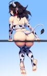  1girl absurdres animal_ears animal_print ass bare_back bare_shoulders black_hair blue_background blueorca breasts commentary cow cow_ears cow_girl cow_hat cow_print cow_tail gradient gradient_background highres large_breasts long_hair original print_sleeves sitting soles solo tail toes 
