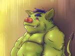  2020 4:3 anthro belly cute_fangs domestic_pig green_body hi_res kemono male mammal overweight overweight_anthro overweight_male pig_fat_bat portrait scar solo suid suina sus_(pig) 