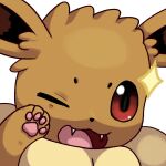  1:1 4_toes alpha_channel ambiguous_gender brown_body brown_ears brown_fur cute_fangs eevee feet feral fur mklxiv neck_tuft nintendo no_sclera one_eye_closed open_mouth open_smile pawpads paws pink_eyes pok&eacute;mon pok&eacute;mon_(species) quadruped raised_paw reaction_image smile solo sparkles tan_body tan_fur toes tuft video_games wink 