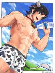  1boy abs animal_ears animal_print bara bell bell_collar bottle boxers bulge chinese_zodiac collar cow_boy cow_ears cow_horns cow_print cow_tail cowboy_shot dutch_angle facial_hair food_on_body happy_new_year highres horns lactation looking_at_viewer male_focus male_lactation male_underwear milk_bottle muscular muscular_male navel new_year nipples open_mouth original pectorals short_hair sideburns smile solo spilled_milk spilling stubble tail thighs torakichi_(ebitendon) underwear underwear_only year_of_the_ox 