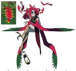  1girl bbizim03 bird bird_of_paradise burning earrings english_commentary fire flower foot_hold green_eyes green_feathers hair_ornament harpy heterochromia highres jewelry lantern monster_girl mouth_hold original personification red_eyes red_feathers red_hair reference_photo_inset simple_background solo talons twig white_background winged_arms 