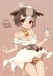  1girl 2021 animal_ears animal_print bare_shoulders bell black_hair blush bra breasts brown_eyes chinese_zodiac cleavage cow_ears cow_girl cow_horns cow_print cowbell crown dress ear_clip fingernails highres holding_jar horns jar jumping large_breasts looking_at_viewer milk mini_crown multicolored_hair neck_bell nijitama_shiyushiyu original panties parted_lips sash short_hair smile solo thigh_gap tilted_headwear two-tone_hair underwear white_bra white_dress white_hair white_panties year_of_the_ox 