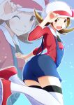  1girl :d absurdres blue_overalls blush brown_eyes brown_hair commentary_request hand_on_headwear hat hat_ribbon highres looking_at_viewer looking_back lyra_(pokemon) negimiso1989 open_mouth overalls pokemon pokemon_(game) pokemon_hgss projected_inset red_footwear ribbon shoes smile thighhighs tongue twintails white_headwear 