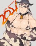  1boy 2021 abs animal_ears animal_print bara bare_pecs beard bell bell_collar blush bra brown_hair chinese_zodiac close-up collar cow_boy cow_ears cow_horns cow_print cross crossdressing face facial_hair grey_hair happy_new_year heiba_(3_suuqe) horns looking_at_viewer male_focus male_pubic_hair medium_hair muscular muscular_male mustache new_year original pectorals print_bra print_headwear print_legwear pubic_hair solo stomach thighhighs translation_request underwear upper_body year_of_the_ox 