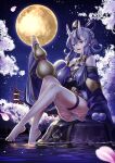  1girl bare_shoulders barefoot blush breasts cherry_blossoms cleavage full_moon gourd hair_between_eyes highres horns japanese_clothes kazuki_seihou kimono long_hair looking_at_viewer medium_breasts mole mole_under_mouth moon multicolored_hair night nijisanji oni oni_horns pointy_ears purple_eyes purple_kimono rindou_mikoto short_eyebrows skin-covered_horns sleeves_past_wrists solo streaked_hair thick_eyebrows virtual_youtuber 
